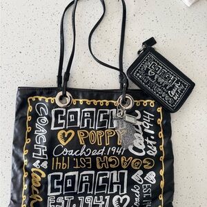 Coach Black and Gold and Graphic Tote Bag and wristlet in Excellent Condition.